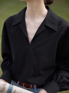 Elegant Ladylike Black Long Sleeve Shirt Autumn New Style Womens Fashion Commute Wind Loose Fit Classic Collar Office Shirt