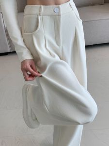 Elegant Wide Leg Suit Pants Cotton Velvet Loose Fit Straight Cut Draping Slimming Long Floor Length Casual Trousers