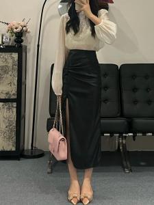 Fold Split Skirt Womens Plus Size Plus Size Ladies High Waist Drooping PU Leather Hip Skirt Waist-Tight Slim Looking Mid-Length One-Step Skirt