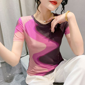 Summer New Style Womens Slim Fit Short Sleeve T-Shirt Color Block Print Mesh Top Fashionable Elastic Versatile Streetwear
