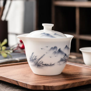 ชาน้ำมือเขียนลายเซรามิกสีขาวขนาดใหญ่ อุปกรณ์ชาน้ำชา ชามร้อน ก้นแก้ว ชุดชาน้ำชา กาวน้ำชาแบบถือได้ ชาน้ำชาป้องกันความร้อน