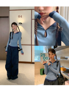 NIHAOKANONG | Áo Thun Knit Ôm Body Kiểu 2 Mảnh Cổ Đôi