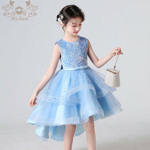 Girls Piano Performance Dress Skirt Sparkling Train Flower Girl Dress Children Host Show off Princess Summer A-Line Skirt
