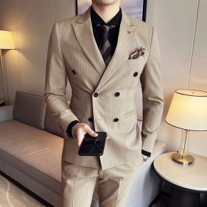 ชุดสูทกระดุมสองแถวสำหรับผู้ชายชุดแต่งงานลายทางสีชุดสูทเจ้าบ่าวสีกาแฟดูแพงสไตล์อังกฤษสำหรับผู้ชาย