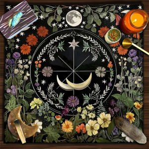 VIKAMA Zodiac Sun Moon Floral Black White Cat Tarot Altar Cloth Divination Spread Mat Witchcraft Astrology Wiccan Home Decor