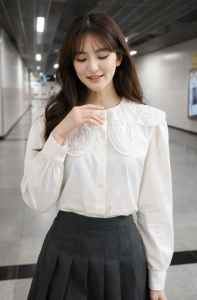 Stella Fashion Women Korean Lace Collar Long Sleeve Blouse Elegant Office Lady White Shirt Puff Sleeve Slim Fit Top S-XL