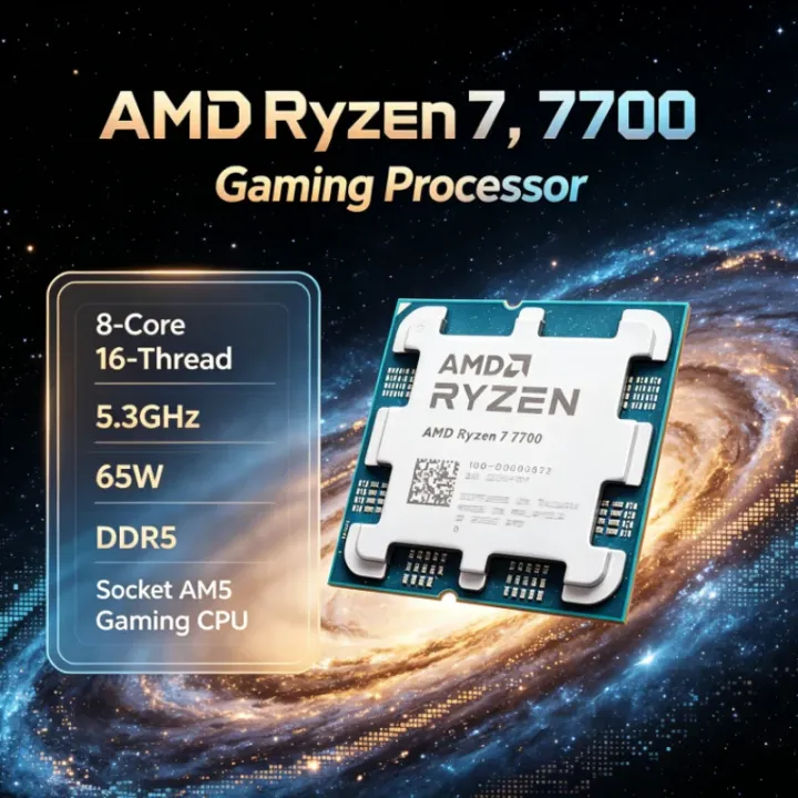 AMD | AMD Ryzen 7 7700 R7 7700 Desktop Processor 5.3GHz 8-Core 16-Thread 65W 5nm 32M L3 DDR5 Socket AM5 Without Cooler Type-C