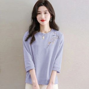 Womens Casual Cotton T-Shirt Three-Quarter Sleeve Fashionable Versatile Summer Top Artistic Loose Fit round Neck Plant Floral Letter Pattern