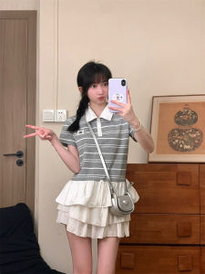Korean Style Polka Dot Polo Shirt Striped Short Sleeve Womens Top Unique Flounce Hem T-Shirt Button Placket Commute Fashion