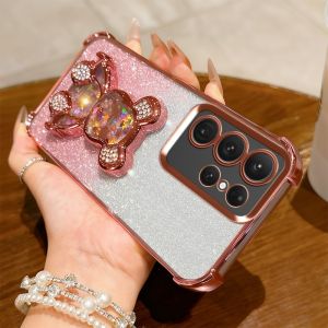 S26 Shockproof Holder Case for Samsung Galaxy S25 Ultra S22 S21 S24 FE S23 Plus Glitter Bear Bracket Stand Luxury Plating Cover