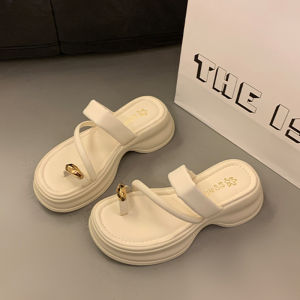 Womens Summer Outdoor Slip-On Toe Post Thick Bottom Heightening Flat Sandals Casual Rubber Outsole PU Upper Comfortable