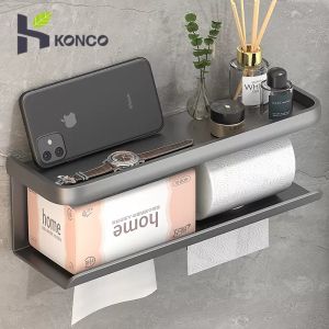 Konco Toilet Paper Holder Black Toilet Paper Holder with ShelfToilet Paper Holder Wall MountToilet Paper Roll Holder for Bathroom