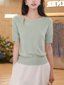 QINGNAER | Green Round Neck Drip Hollow Knitwear Female