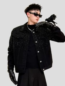 Oboy Mens Denim Jacket with Hotfix Rhinestones Stylist Fashionable Cool Brand Personality Trendy Top for Spring Autumn