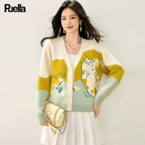 puella | Autumn Fashion Loose Knit V-Neck Cat Design Sweater