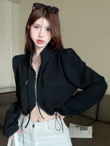 GUZILIAN | American Style Spicy Girl Double Zipper Stand Collar Drawstring Short Cardigan Jacket Women Autumn Small Pocket Workwear Style Top