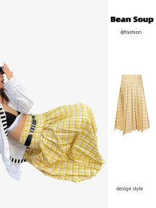 กระโปรงสั้นลายสก็อตสีเหลืองเอวสูง กระโปรงทรงเอเข้ารูป แขนยาว ผ้าฝ้ายผสม ฤดูใบไม้ผลิ ฤดูร้อน ฤดูใบไม้ร่วง กระโปรงสั้น