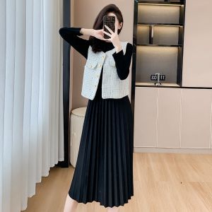 Black Mini Dress And Jacket Set Casual Chic Style Short Coat for Women Spring Summer Fashion Knitted Fabric Long Sleeve round Neck