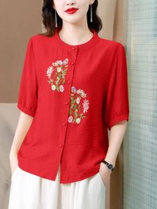 Elegant Embroidered Cotton Linen Shirt Womens mid Sleeve Short Sleeve Summer Fashion Slimming Top Korean Style Loose Fit