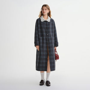 DUSHU | Detachable Lace Collar Plaid Wool Double-Faced Coat