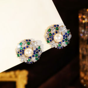 SEQUITO Vintage Baroque Style Gold Plated Ear Jewelry Inlay Colorful AAAAA Cubic Zirconia Pearl Evening Party Big Stud Earrings SE1046