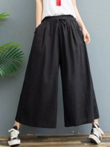 High Waist Wide Leg Pants Women Summer Thin Large Size Loose Linen Nine Points Casual Skirt Pants Big Swing Pants