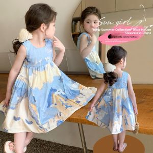 Girls Cotton Summer Dress Toddler Kids Fresh Print Vest Skirt Breathable Moisture Wicking Machine Washable round Neck Dress