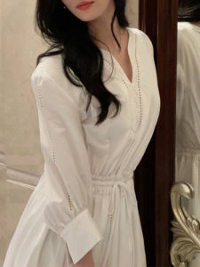 Romanticist White Hollow out Waist Cinching Long Dress Womens Fashion Elegant A-Line Skirt Style Cotton V-Neck Gown