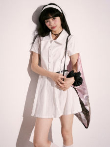 Pure White Diary Cream Kitten Polo Neck Womens Dress Summer Slim Fit Waist Cinched Short Skirt Cotton Blend Spandex