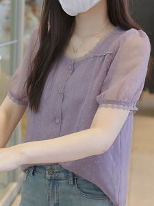 Moxueer | Purple Short Sleeve Chiffon Summer Shirt Thin Big Size
