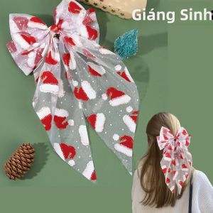 Kẹp Tóc Nơ Lưới Giáng Sinh Thêu Hình Mũ Ông Già Noel Kẹp Tóc Lớn Dành Cho Nữ Phụ Kiện Tóc Lễ Hội Giáng Sinh