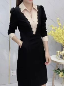Slimming Shirt Collar Dress Womens Autumn Winter New Style Fashionable Waist Cinched Patchwork Midi Skirt Korean Version A-Line Dress