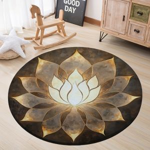 VIKAMA Vintage Gold Lotus Circular Rug Non Slip Stain Resistant Zen Spiritual Mat Cozy Aesthetic Living Room Indoor Decor