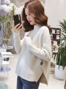 Ladies Thickened Half-High Collar Knitted Sweater Autumn Winter Loose Base Layer Top Trendy Open Split Design Commute Style