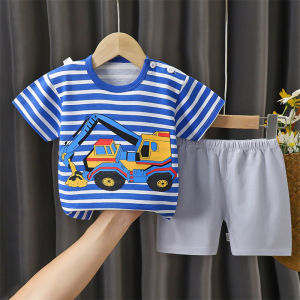 Cotton Stripe Short Sleeve T-Shirt+Shorts 2-Piece Set Summer Baby Boys Cartoon Car Pajama Casual Tracksuit Clothes Suit 0-6 Year
