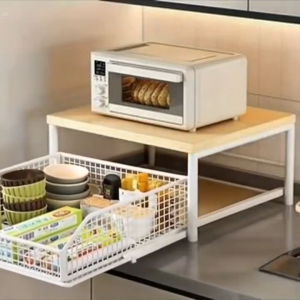 Kitchen Microwave Oven Rack Riser with Drawer Storage Oven Stand Countertop Storage Rack Space-Saving Dishware Coffee Corner Pull-Out Storage Rack for Spices and Cups