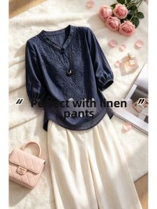 V.C.I | Embroidered Linen Blend Womens Short Sleeve Blouse