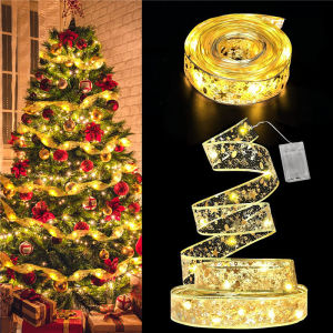 Ribbon Christmas LED Lights Christmas Tree Ornaments for Home DIY Bows Light String New Year Wedding Venue Decoration