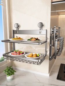 Multi-Functional Multi-Layer Kitchen Storage Rack Foldable Wall-Mounted Dish Plate Carbon Steel ABS Material Simple Modern Style
