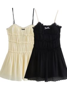 Váy Voan OSHOOON Mùa Hè Mới Màu Tương Phản Viền Ren Thắt Nút Bướm Váy Không Tay Cổ Chữ V Váy Ngắn Cạp Cao