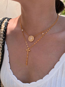 CAFFTI | Compass Four-leaf Clover Cross Pendant Gold Long Necklace