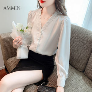 Ammin 2023 mùa thu mới sequin ren tôn tạo v-cổ Áo bờ lu vải voan dài tay phong cách hàn quốc tinh tế nút ngọc trai Một hàng khuy cardigan Áo Blouse thanh lịch