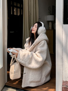 Light Beige Hooded Fur-Friendly Faux Fur Sheepskin Women Winter Coat