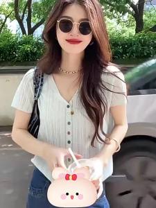SHUQINGLAI | V-Neck Lace Hollow Knit Ice Silk Short Sleeve T-Shirt