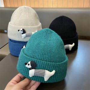 Cute Cartoon Dog Knitted Wool Hat for Boys And Girls Autumn Winter Warm Overhead Cap Foldable round Top No Brim Knitwear