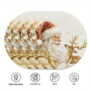 Bộ 4 Miếng Lót Đĩa Hình Tuần Lộc Của Ông Già Noel VIKAMA Bộ Đồ Trang Trí Bàn Tiệc Giáng Sinh Bằng Vải Polyester Dễ Làm Sạch Phụ Kiện Ngày Lễ Cho Các Buổi Họp Mặt Gia Đình