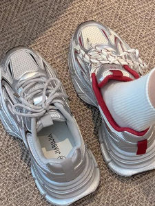 WANGGONGZHU | Silver Thick Bottom Dad Shoes Womens Spring 2025 New Breathable Heightening Casual Sports Shoes Fashion Versatile Womens Shoes