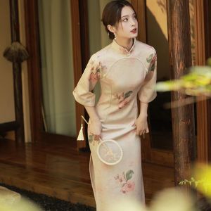 IELGY Pink Big Inverted Sleeve Cheongsam Womens New Improved Autumn Style Retro Temperament Suede Velvet Young Long