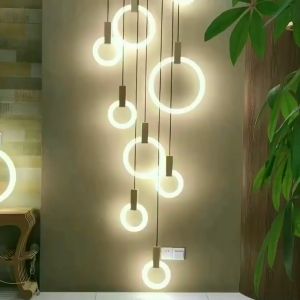 Modern LED stair chandelier lighting Nordic living room ceiling pendant lamps bedroom Acrylic rings fixtures Wood hanging lights