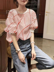 YUFUQING | French Stripe Bubble Sleeve Shirt Women Loose Design Summer New Fashion Thin Red White Stripes Casual Commute Style Polyester Fiber